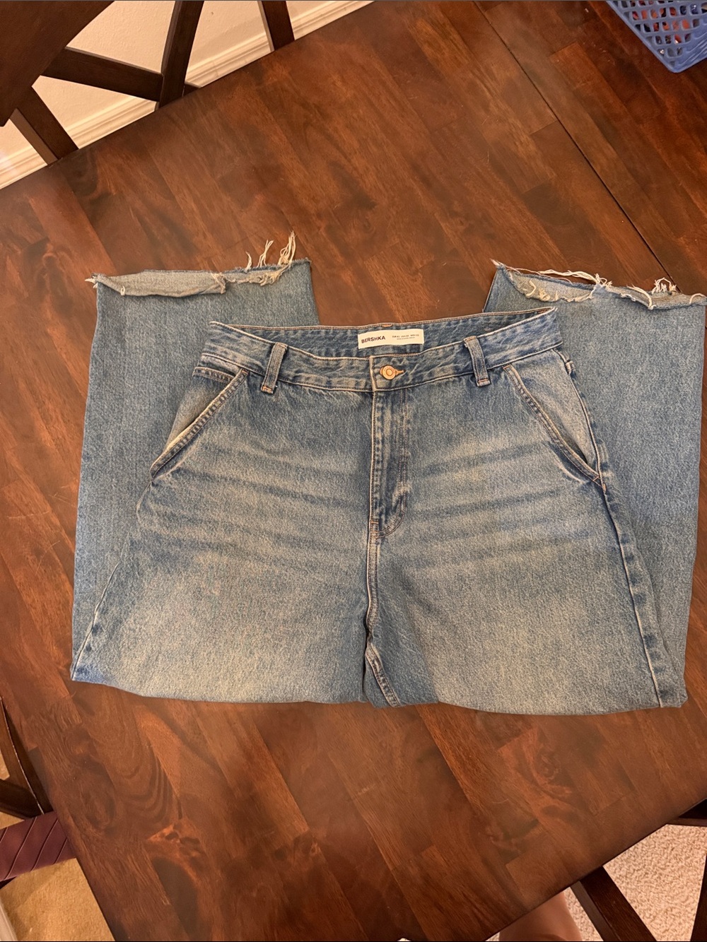 Bershka Wide Leg Raw Hem Baggy Jeans